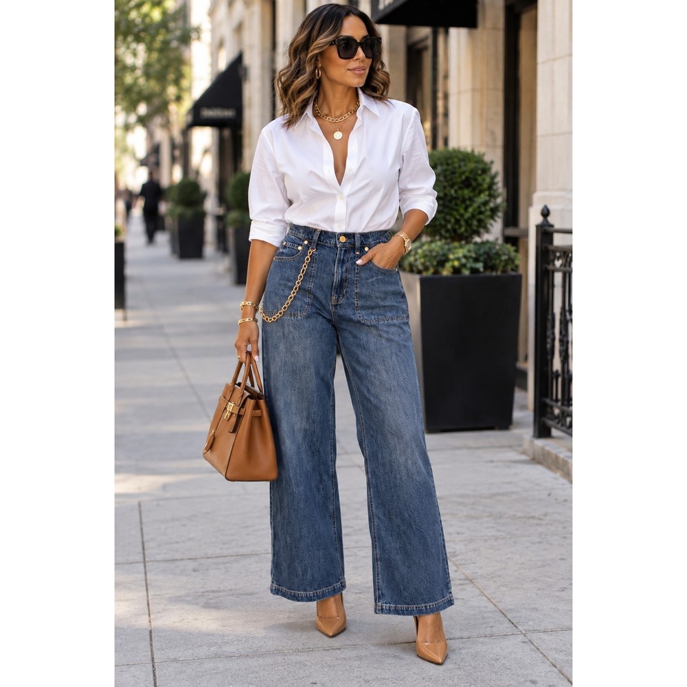 Gap x Cult Gaia High Rise Designer Stride Chain wide-leg jeans Size 28